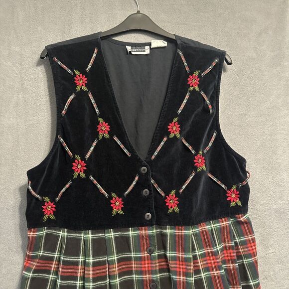 Vintage Christmas Maxi Dress Velvet Tartan Plaid Plus Size 24 Red Black Modest - Picture 2 of 7